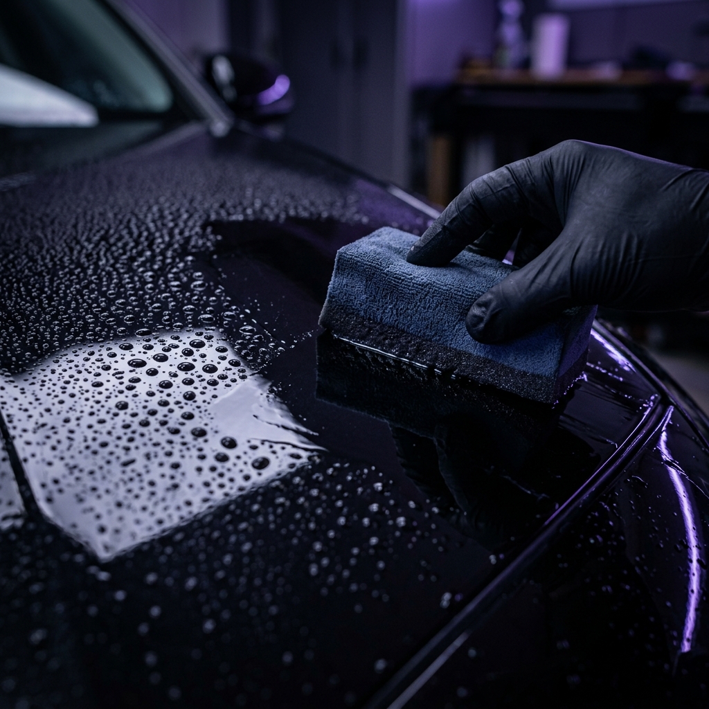 Water beading on car hood